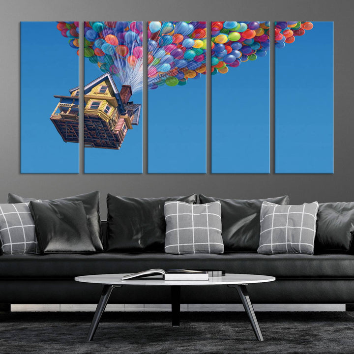 The "Carl Fredricksen, Up Movie Wall Art" features a three-panel design with a house lifted by colorful balloons, adding whimsical decor to any space.