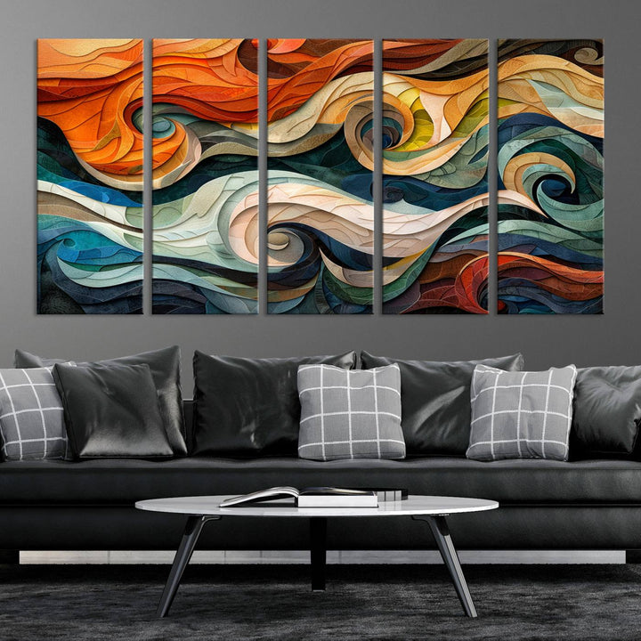 Abstract Wave Wall Art is a ready-to-hang framed canvas print featuring swirling orange, blue, and white patterns. It's perfect for adding vibrant decor to modern spaces.