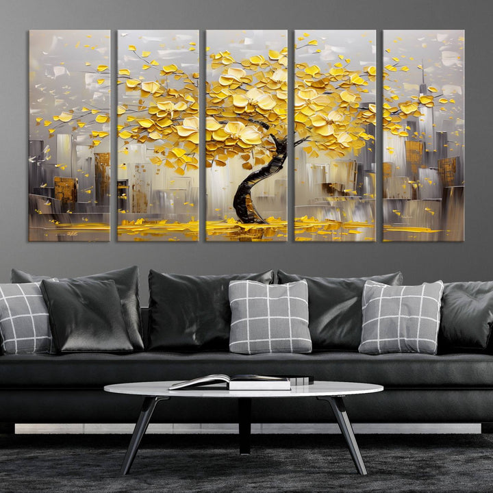 A framed canvas print from the "Golden Tree Canvas Print | Abstract Wall Art for Modern Homes | Ready to Hang Framed Artwork" collection hangs elegantly against the dark wall, epitomizing exquisite abstract wall art.