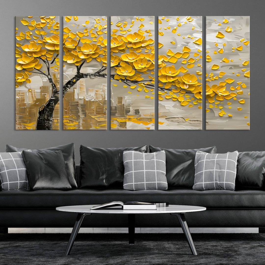 The living room showcases a Yellow Blossom Tree Canvas Wall Art, modern and floral.