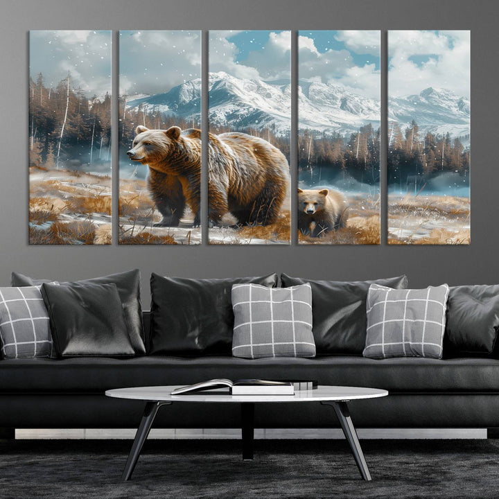 The modern living room features a Bear and Baby Bear Wall Art Canvas Print depicting a snowy mountain landscape, making it a stunning visual piece and a meaningful gift idea.