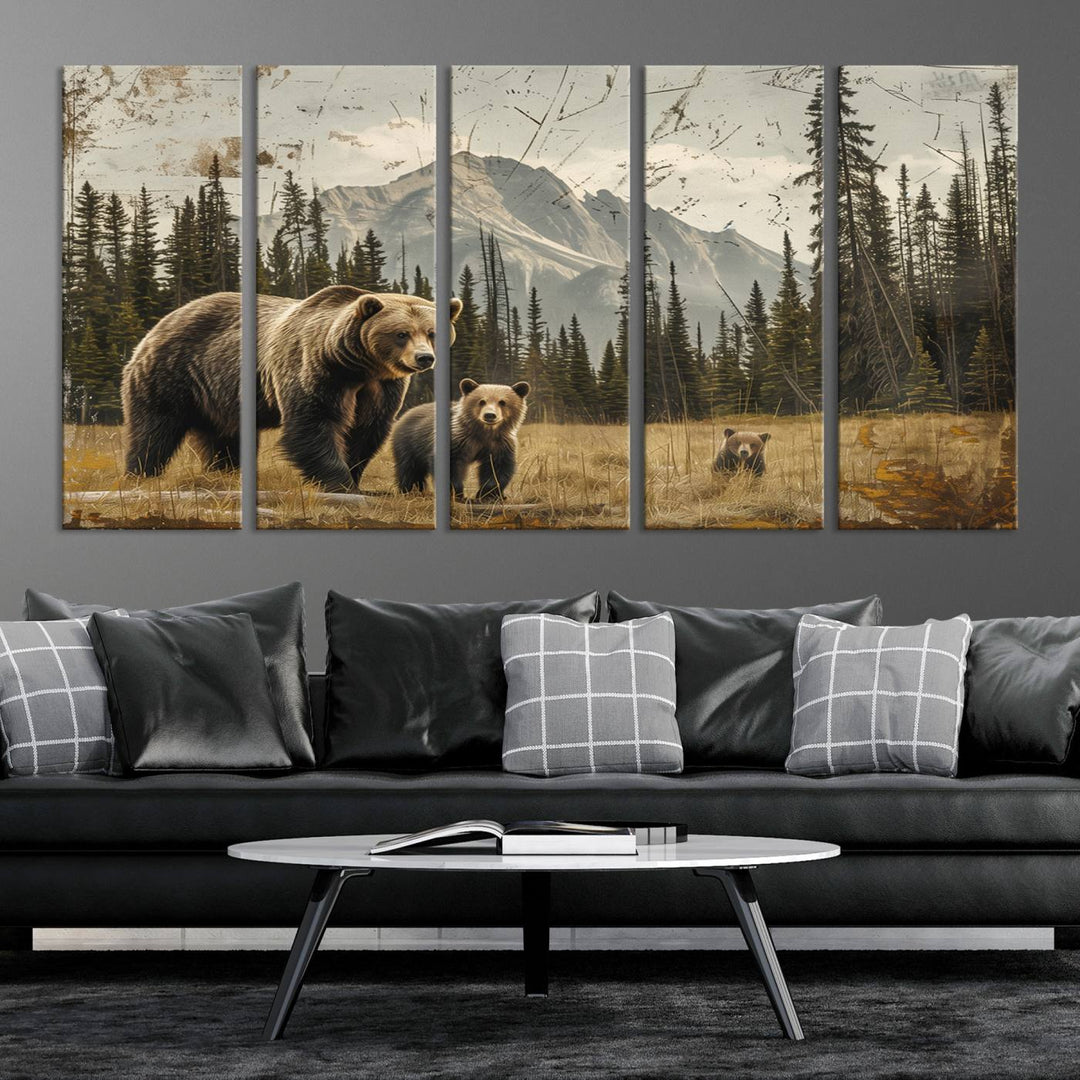 Rustic Grizzly 399: Bear Family Wall Art Canvas Print.