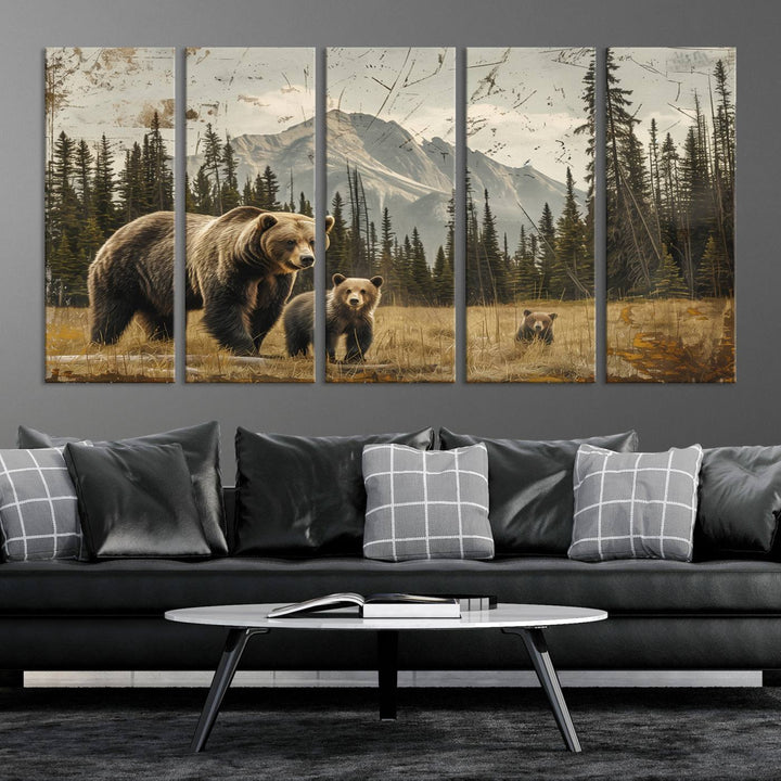 Displaying the Rustic Grizzly 399 Bear Family Wall Art Canvas Print in a modern living space adds remarkable charm. This triptych piece showcases a bear family in the forest, printed on museum-quality canvas and ready to hang, seamlessly enhancing your decor with its striking detail and elegance.