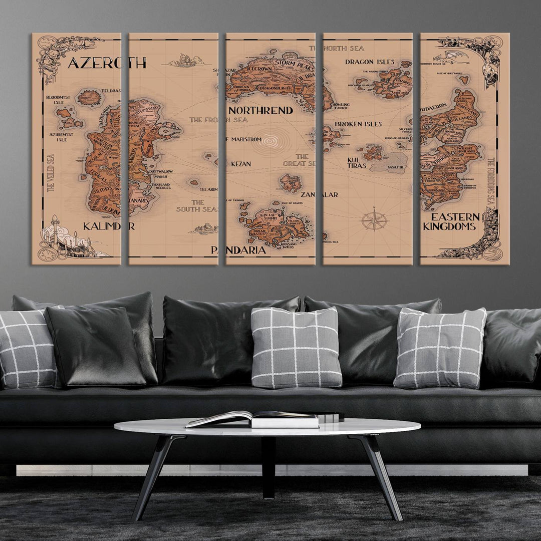 The Vintage Azeroth World Map Canvas Print, a stunning three-piece set, enhances the space with its vintage charm, perfectly complementing your gaming decor.