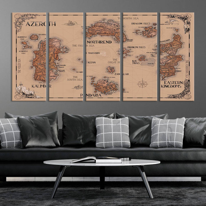 The Vintage Azeroth World Map Canvas Print, a stunning three-piece set, enhances the space with its vintage charm, perfectly complementing your gaming decor.