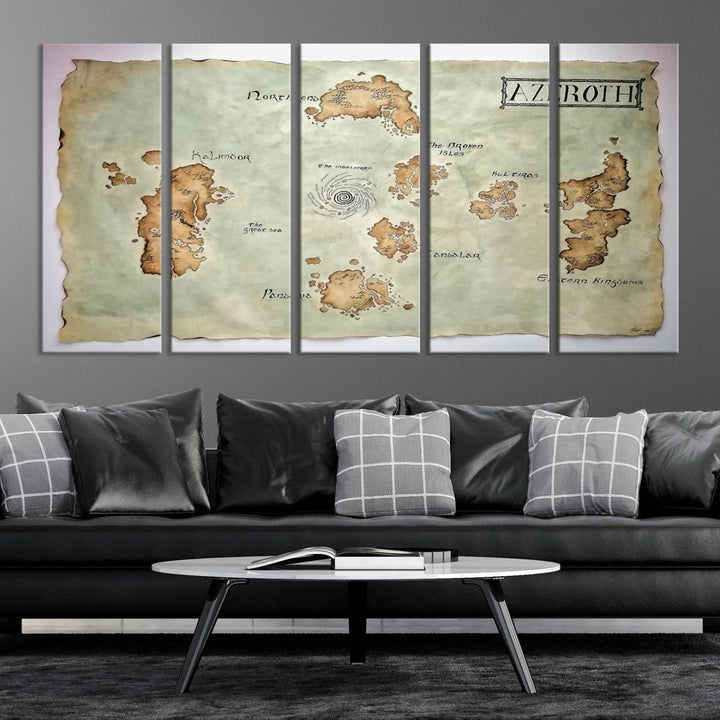 The Azeroth World Map Wall Art Canvas Print, a three-panel vintage piece, brings a cozy fantasy gaming atmosphere to the room.