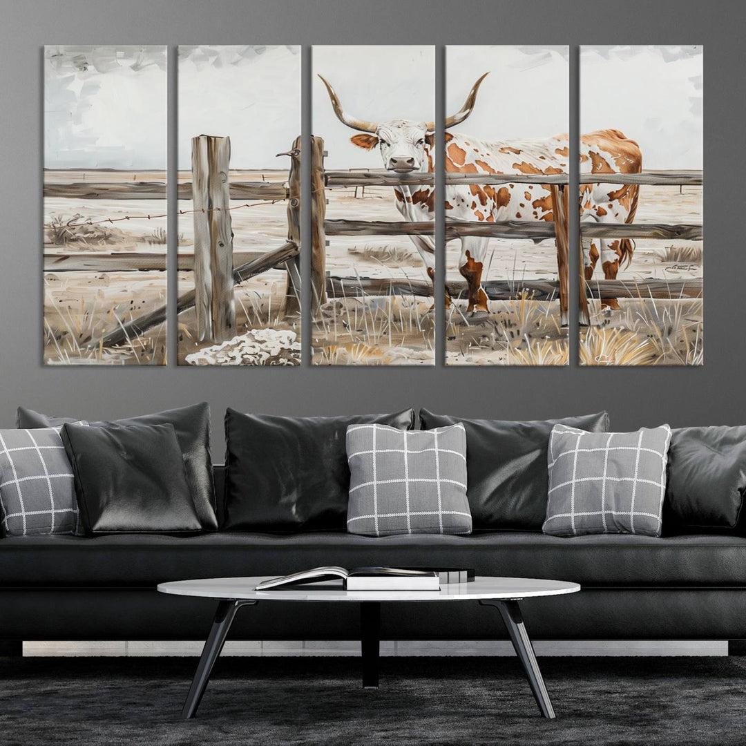 The Abstract Longhorn Cow Wall Art, a ready-to-hang framed canvas print, adds rustic charm and perfectly captures the essence of rural elegance.