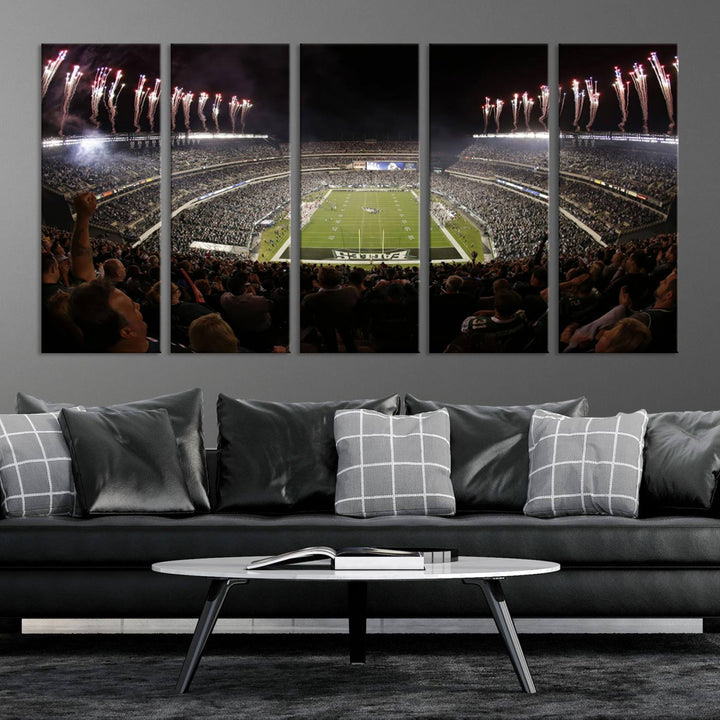 The living room features a spectacular Philadelphia Eagles Football Team Print. This wall art canvas print of Lincoln Financial Field at night captures a Philadelphia Eagles game under the dazzling brilliance of fireworks, making it an eye-catching centerpiece.