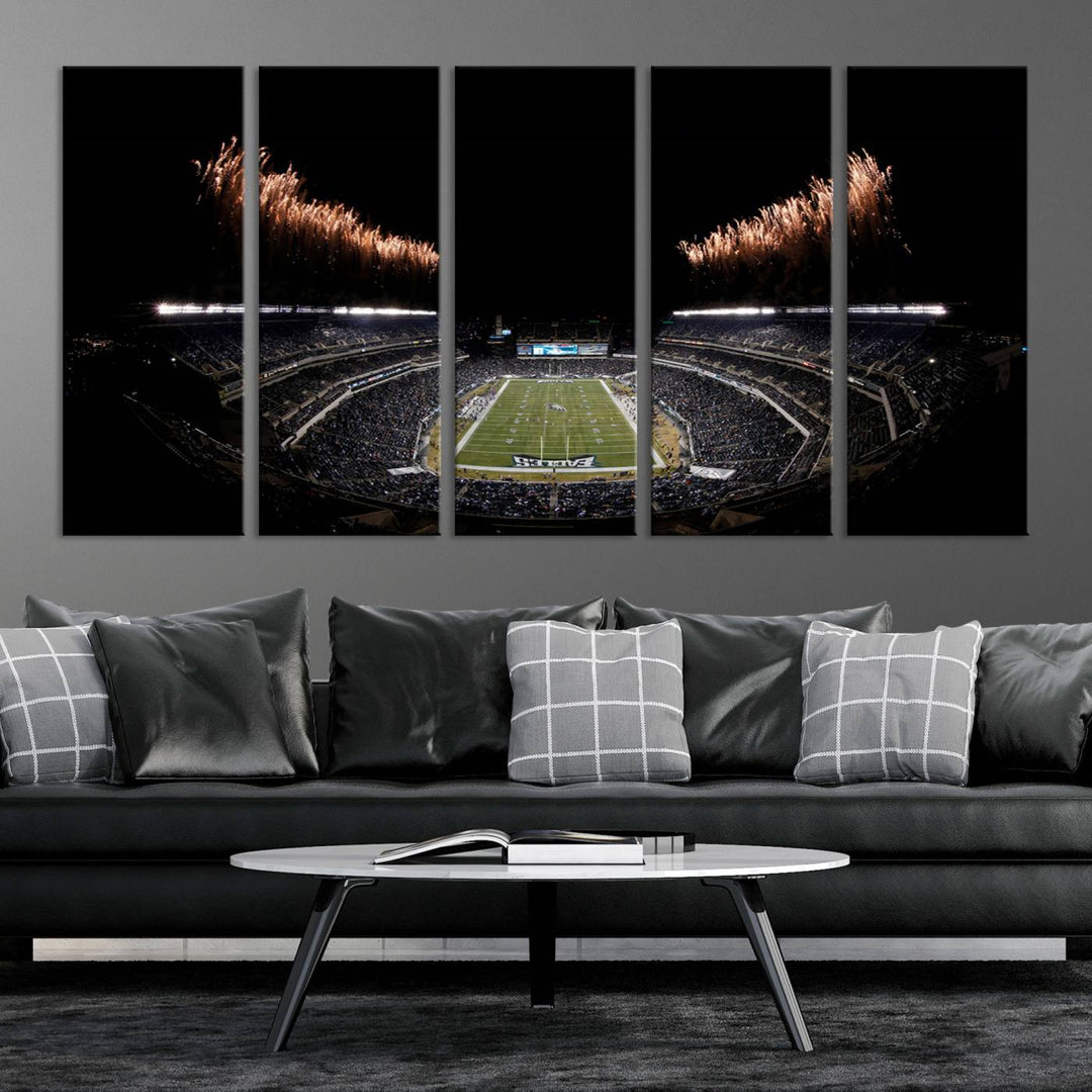 Eagles Stadium Wall Art depicting a nighttime game and fireworks at Lincoln Financial Field.