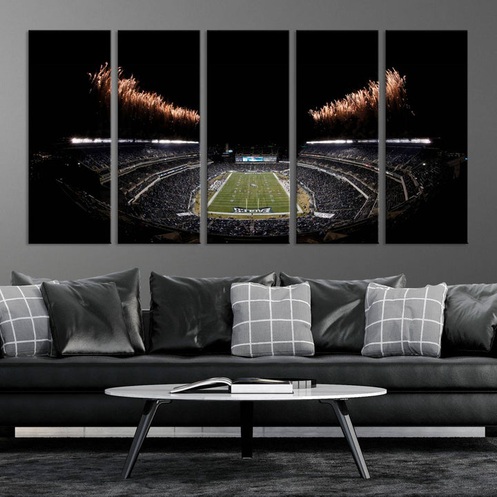 A stunning triptych wall art featuring the Philadelphia Eagles Football Team Print, capturing Lincoln Financial Field with spectacular fireworks.