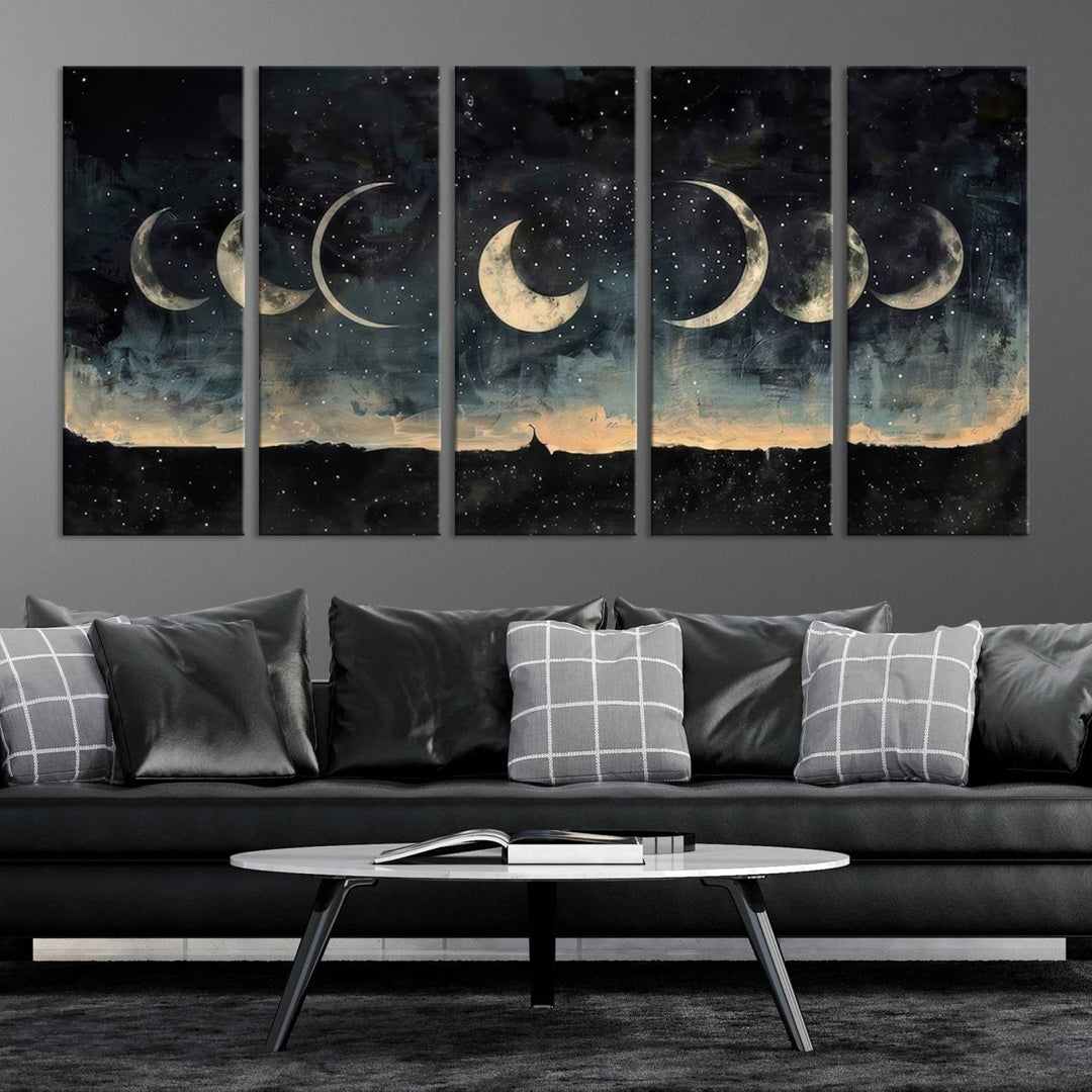 The "Phases of the Moon Wall Art," a framed canvas series capturing the celestial beauty of lunar cycles against a starry night, adds an elegant touch to the contemporary dining room.