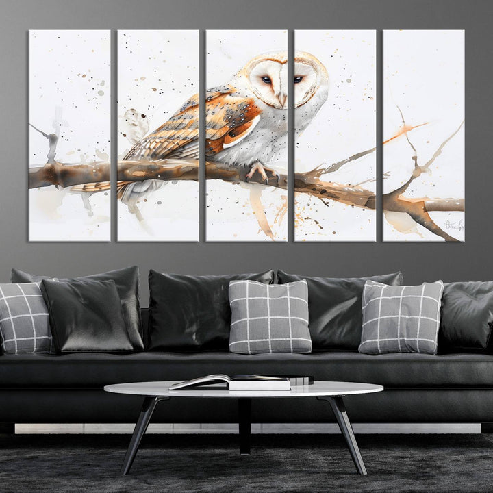 Introduce the tranquility of nature into your home with this stunning canvas print, featuring a Barn Owl on a branch. This triptych wall art, ready to hang and elegantly framed, is perfect for nature lovers seeking serene decor pieces.