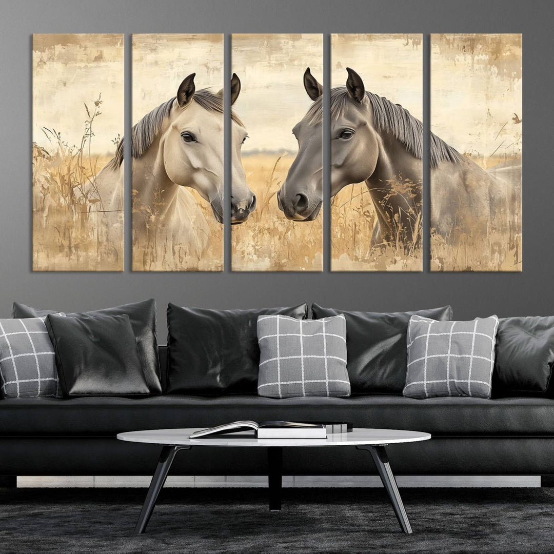 The "Chinese Ink Style Grunge Horses Wall Art Canvas Print," featuring two horses in a field, hangs prominently, highlighting its museum-quality canvas and high-resolution printing.