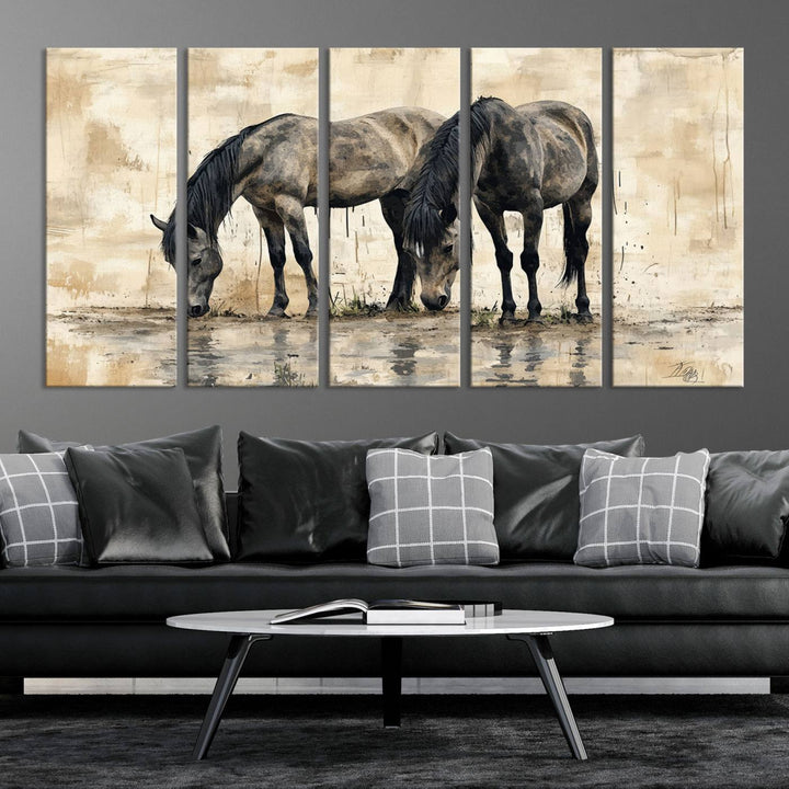 Chines Ink Style Black Horses Wall Art Canvas Print features a triptych painting of two horses drinking at the water's edge.