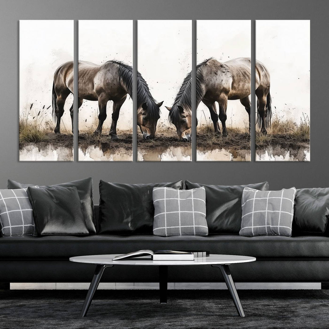 A Chinese Ink Style Horses Wall Art Canvas Print featuring two horses grazing is displayed in a modern setting.