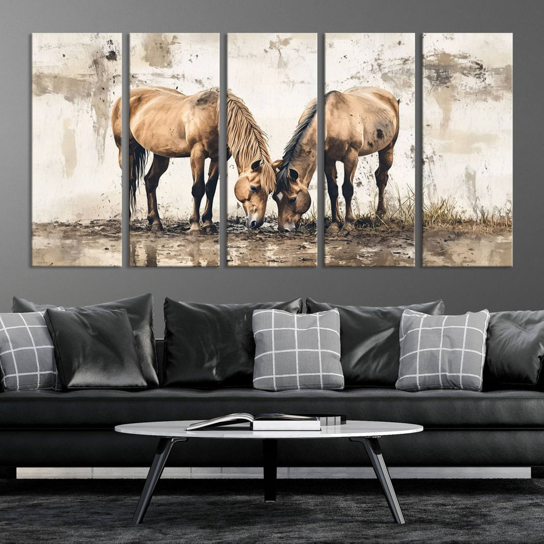 The Vintage Horses Wall Art, a ready-to-hang and framed triptych, beautifully captures two horses gracefully grazing. It perfectly complements the rustic charm of western farmhouse wall decor.