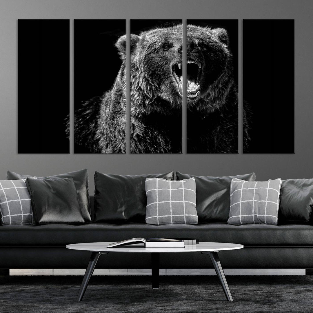 A striking Bear Canvas Print, perfect for cabin decor and ready to hang, is displayed in the modern living room, adding a touch of wildlife art to the sleek design.