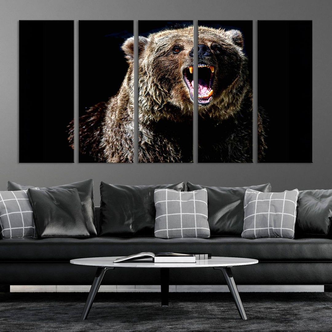 The Grizzly Bear Canvas Print, featuring wildlife wall art on a black background, is ready to hang and is perfect for rustic cabin decor.