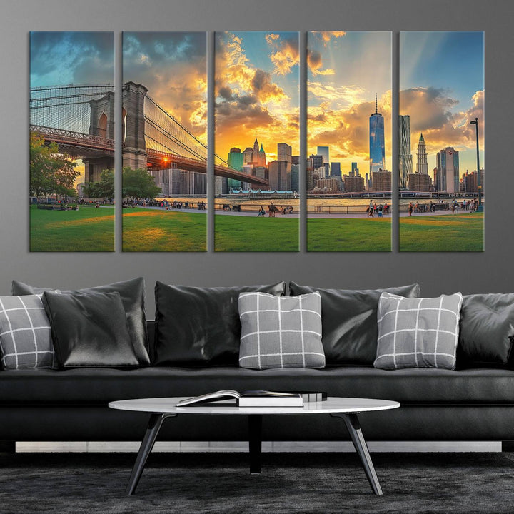 The "Brooklyn Bridge New York Skyline Wall Art" is a ready-to-hang framed canvas print that beautifully captures the cityscape at sunset, showcasing the iconic Brooklyn Bridge and majestic skyscrapers.