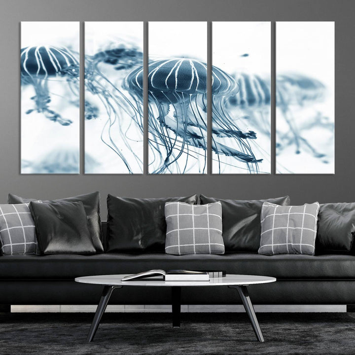 The Abstract Jellyfish Wall Art Canvas Print, a three-panel piece featuring high-resolution printing, hangs elegantly in the room, adding vibrant detail to the space.