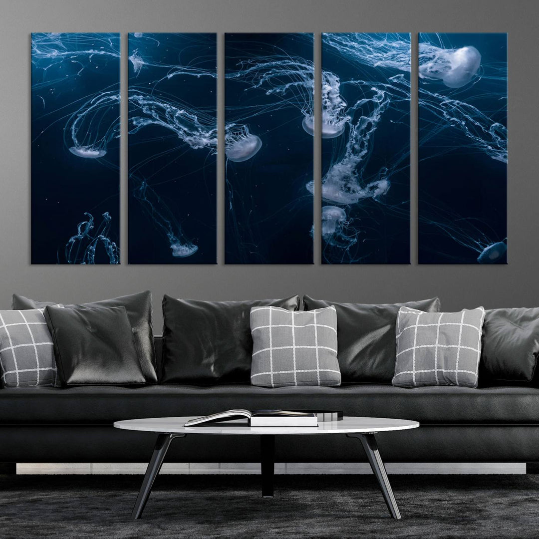 Room with modern decor, featuring the Abstract Jellyfish in Ocean Wall Art Canvas Print on museum-quality canvas.