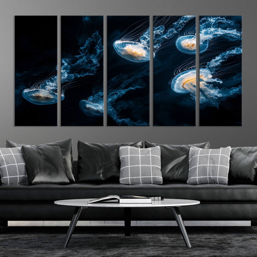 The "Jellyfish Wall Art Canvas Print," featuring a sea-themed design of glowing jellyfish, is displayed in high-resolution on museum-quality canvas.