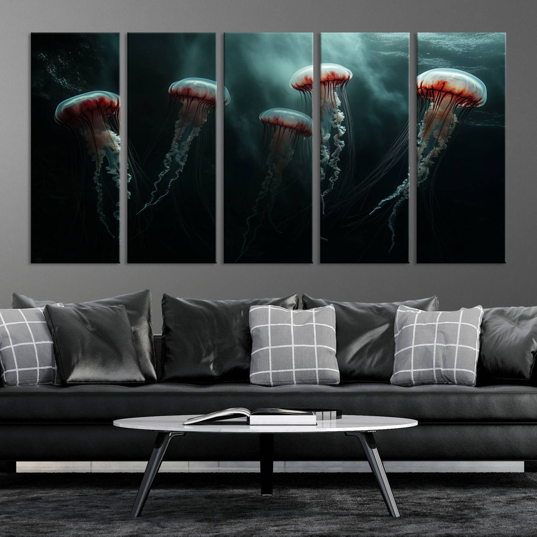 The Abstract Jellyfish Wall Art Canvas Print, framed in the USA and showcased on museum-quality canvas with high-resolution printing, adds a decorative touch to the space.