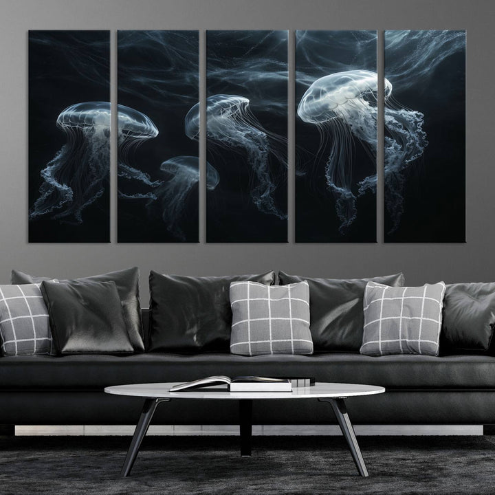 The Jellyfish Wall Art Canvas Print features glowing jellyfish in vibrant colors on museum-quality canvas.