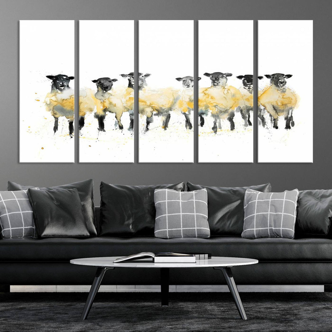 The Farmhouse Wall Art Sheep Print, ready to hang as a framed canvas, adorns the black wall, adding a hint of rustic barn decor.