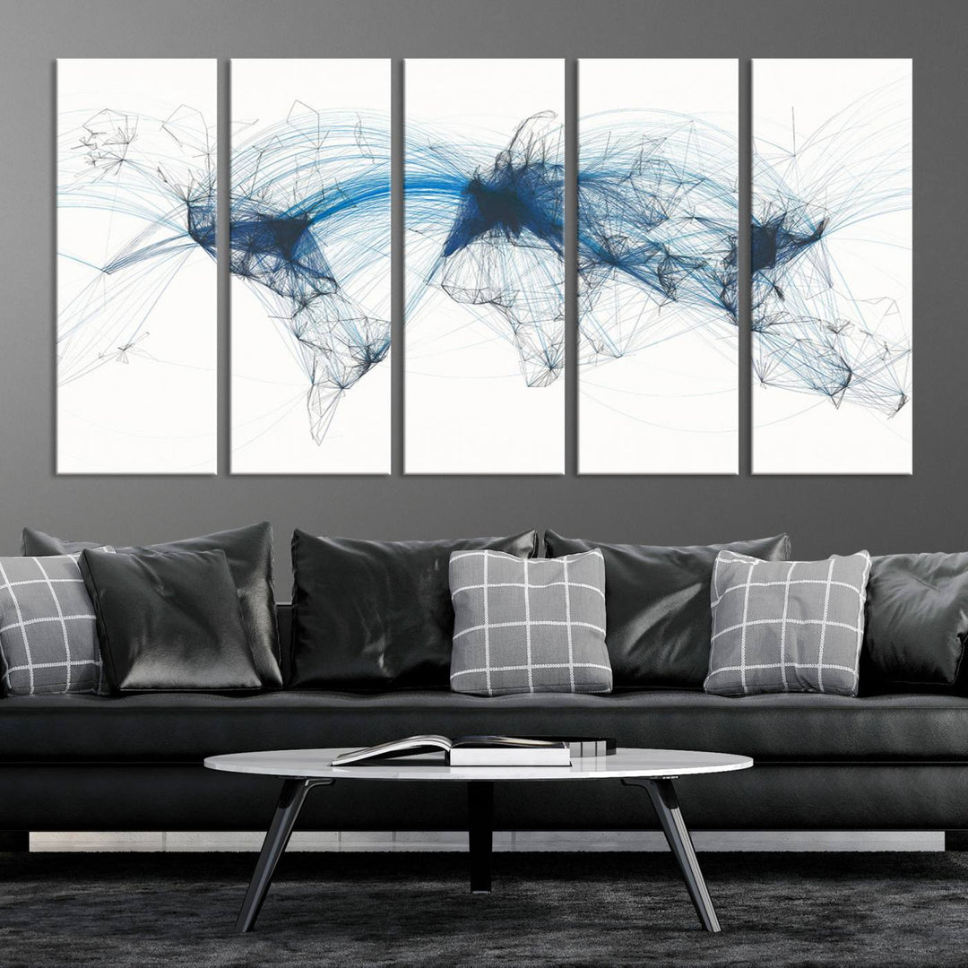 The Aviation Flight Map Wall Art is a set of three abstract panels featuring a world map with blue lines, resembling a flight map. Ideal for aviation enthusiasts, this ready-to-hang framed air traffic art print enhances the appeal of modern decor.