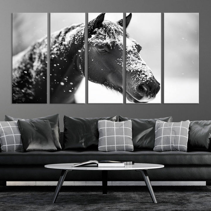 A set of Winter Horse Snow Wall Art Canvas Prints hangs, creating the perfect touch of Rustic Cabin Decor.