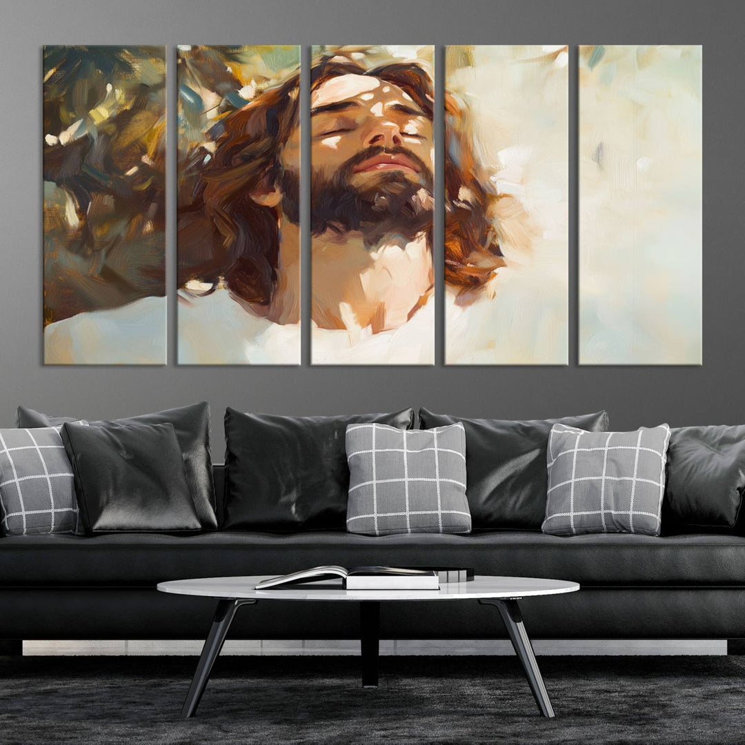 The Jesus Portrait Wall Art Canvas Print features a depiction of Jesus Christ with closed eyes, basking in sunlight. His expression exudes a peaceful, spiritual atmosphere against a blurred background.