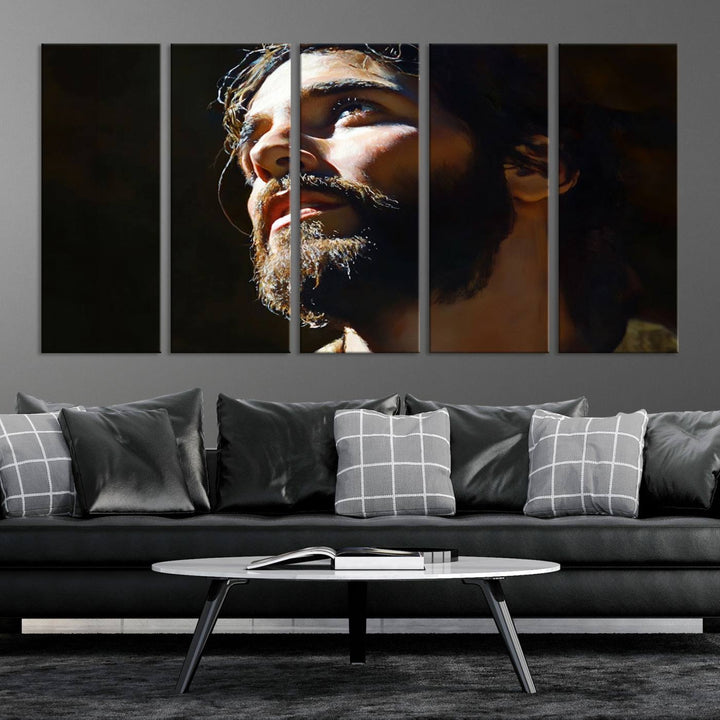 The Jesus Portrait Wall Art Canvas Print features a thoughtful depiction of Jesus Christ in an oil painting style, adding an inspirational religious touch to the decor.