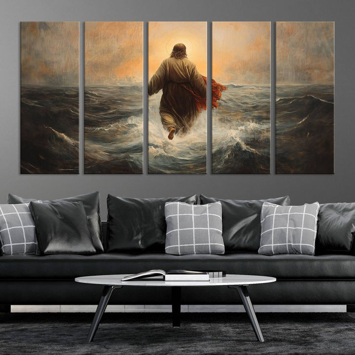 A modern living room is adorned with a triptych titled "Jesus Walking on Water, Christian Wall Art, Jesus Christ Walking on Oil Painting Style Print." The artwork, presented on museum-quality canvas, showcases vibrant colors and exquisite detail.