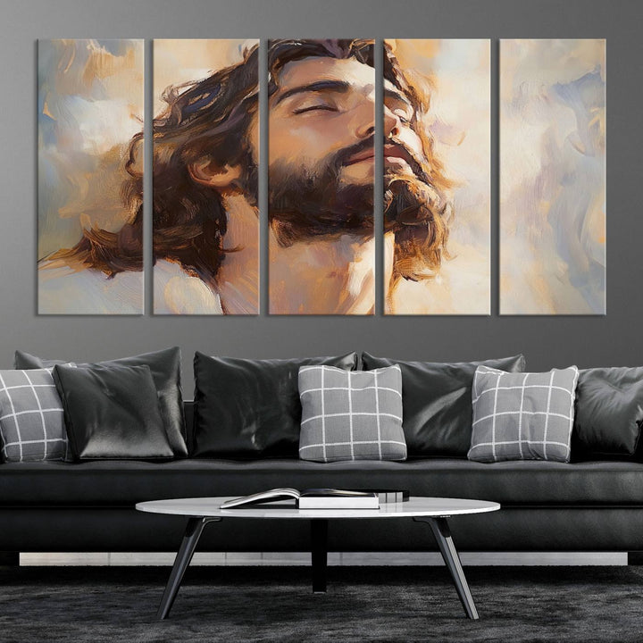 This museum-quality canvas print, titled "Jesus Portrait," features an oil painting style depiction of Jesus Christ with a closed-eyed expression. The high-resolution printing captures every detail beautifully.