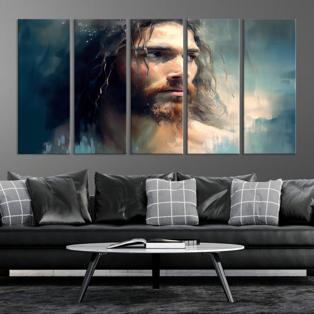 The Jesus Portrait Wall Art Canvas Print, featuring a depiction of a man with long hair and a beard, is showcased on a wooden wall. This Christian Wall Art is rendered on museum-quality canvas, highlighting the mastery of high-resolution printing in an oil painting style.