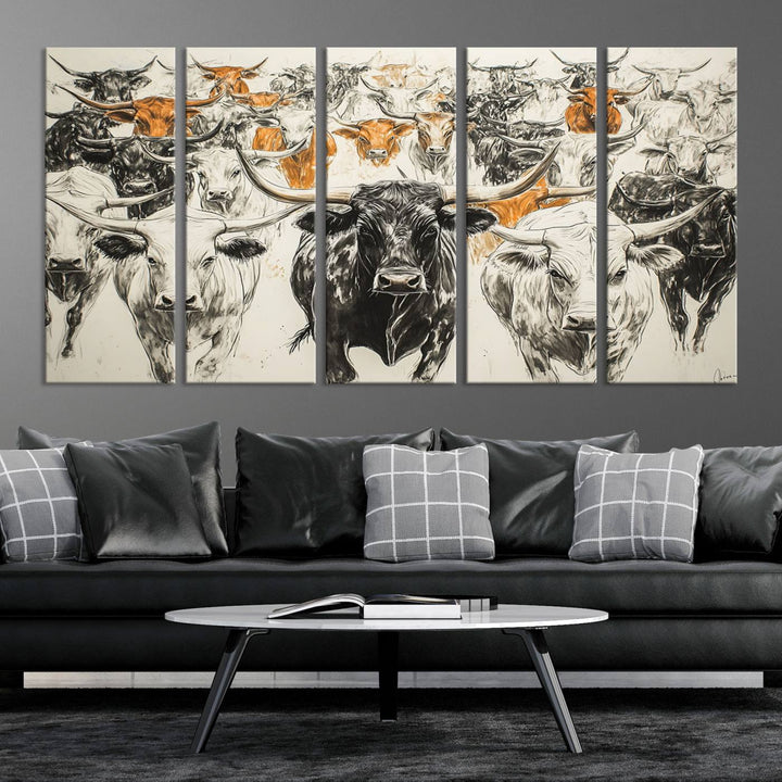 This exquisite farmhouse wall art, titled "Western Longhorn Cattle Canvas Print," showcases a majestic herd of longhorn cattle in a three-panel design. This ready-to-hang and framed barn decor infuses your space with rustic charm.