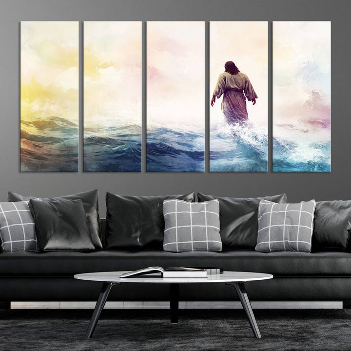 Watercolor Jesus Walking on Water Canvas Print, Christian Wall Art, Jesus Christ Walking