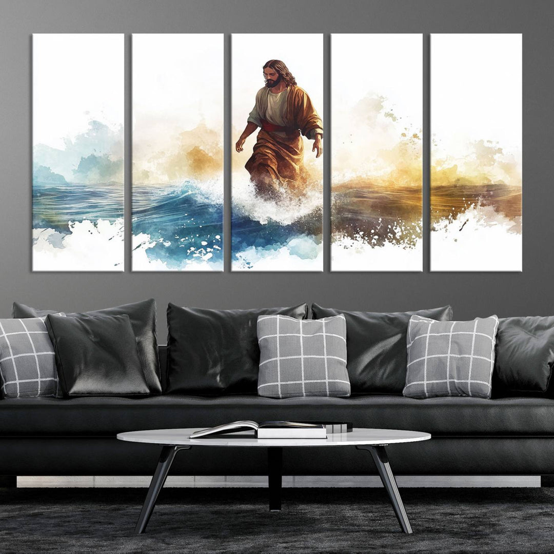 Watercolor Jesus Walking on Water Canvas Print, Christian Wall Art, Jesus Christ Walking