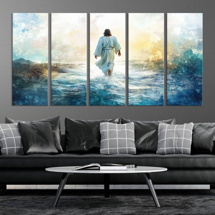 Watercolor Jesus Walking on Water Canvas Print, Christian Wall Art, Jesus Christ Walking