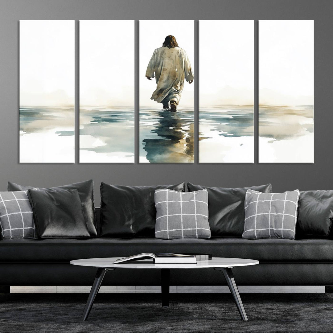 Watercolor Jesus Walking on Water Canvas Print, Christian Wall Art, Jesus Christ Walking 