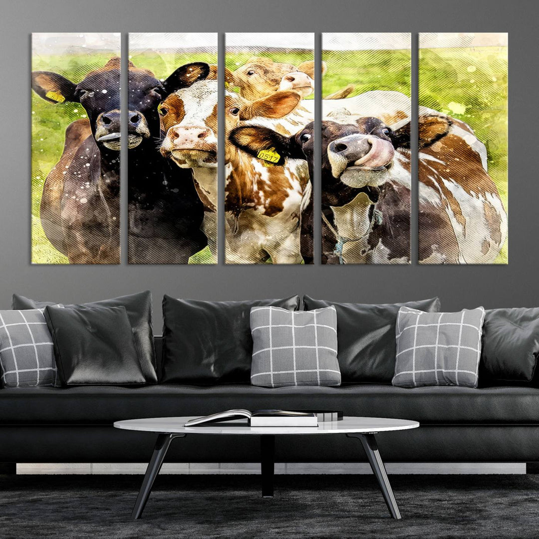 A charming triptych featuring the "Curious Cows Farmhouse Wall Art," a ready-to-hang and framed canvas print, adds a touch of rustic farm decor to the space.