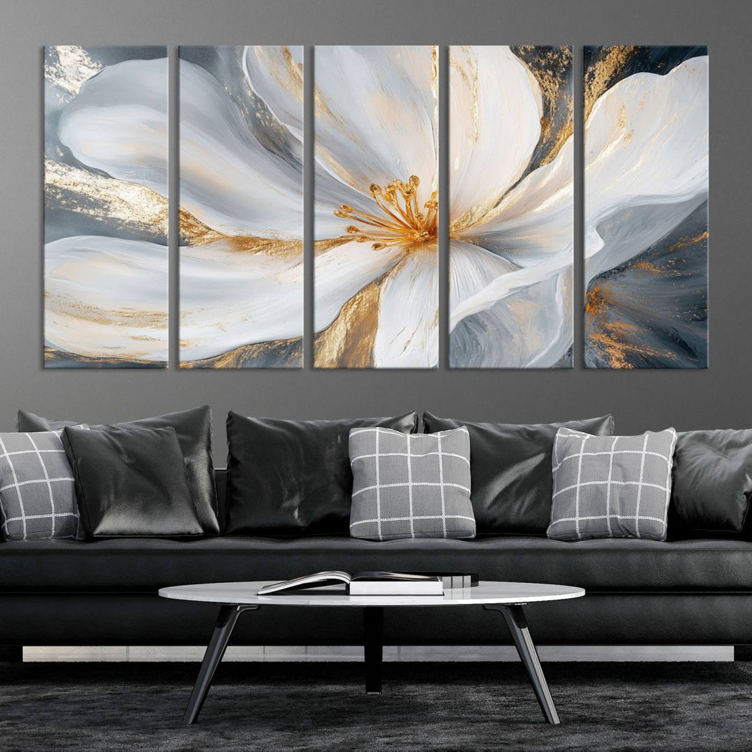 White and Gold Floral Canvas Wall Art - Framed and Ready to Hang - Perfect for Modern Living Rooms