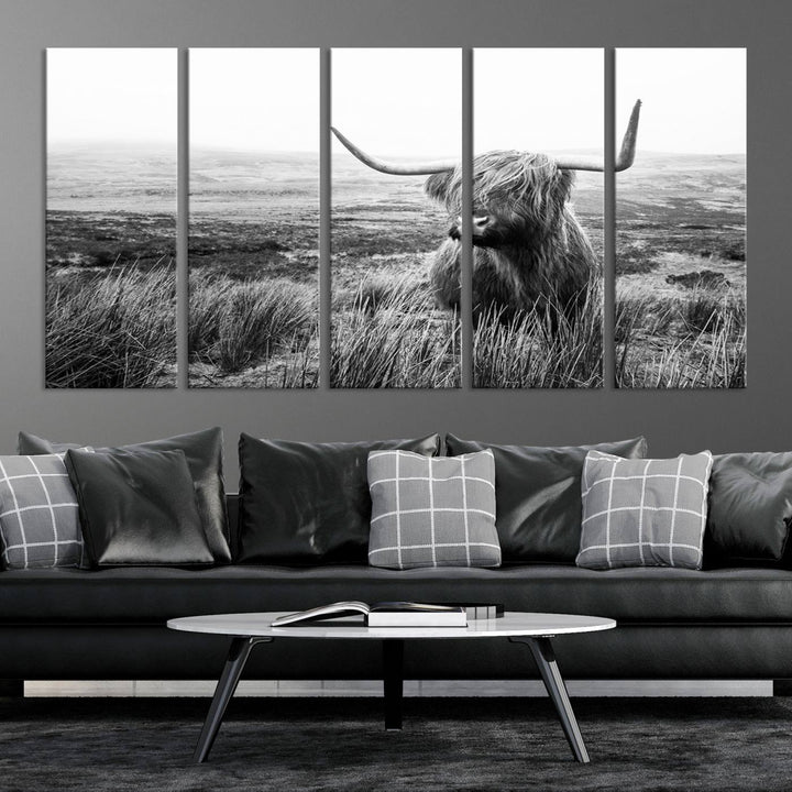 Scottish Highland Cow Wall Art | Black and White Canvas Print | Ready to Hang and Framed | Rustic Farmhouse Wall Decor for Living Room or Office