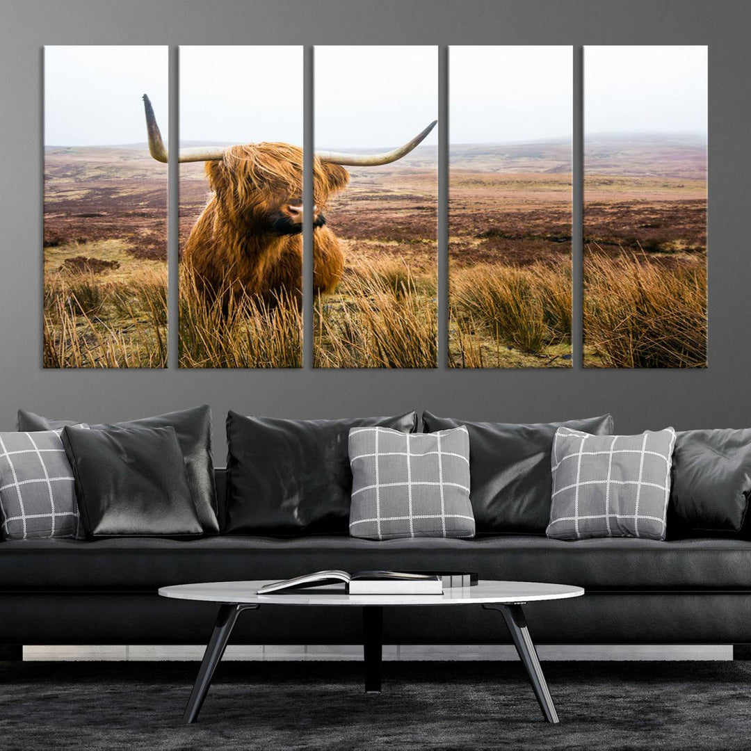 Scottish Highland Cow Wall Art Canvas Print | Ready to Hang and Framed | Rustic Farmhouse Decor for Living Room or Cabin