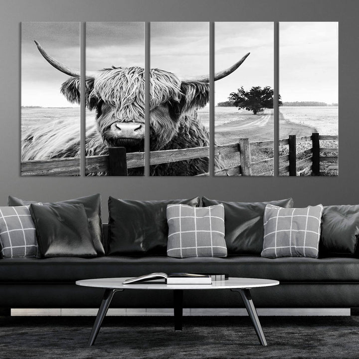 Scottish Highland Cow Wall Art | Rustic Farmhouse Décor | Black and White Ready to Hang Canvas Print