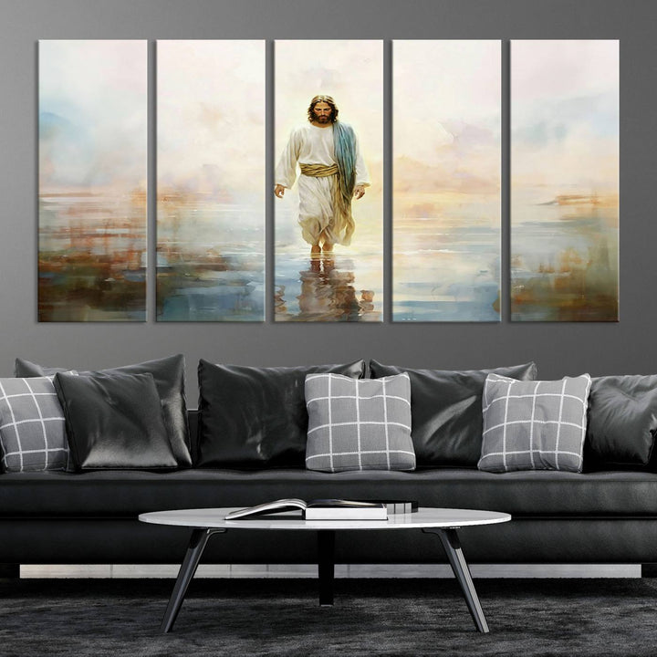 Framed Jesus Walking on Water Wall Art - 3-Panel Christian Canvas Prints, Religious Artwork, Ready to Hang Home Decor for Living Room, Office, or Church