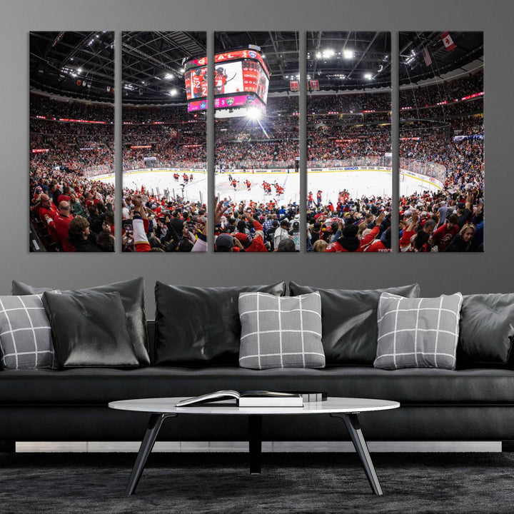 The wall art, a high-quality basketball arena canvas, evokes the excitement of fans cheering at the Amerant Bank Arena.