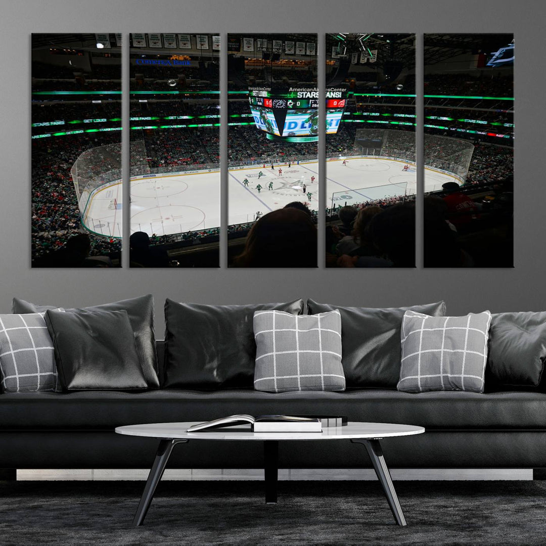 The Dallas Stars Wall Art Canvas Print is as clear as the scoreboard stats at a hockey game in a large arena with bright lights.