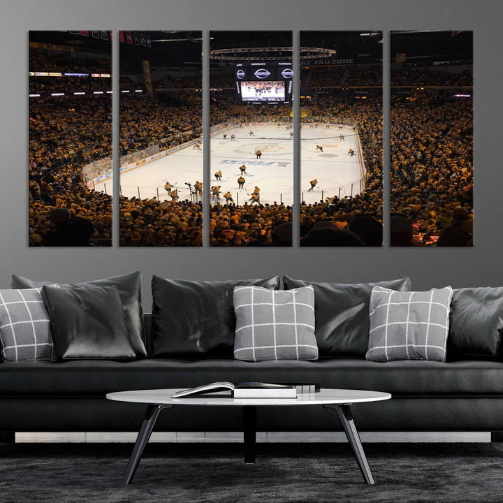 A captivating triptych canvas print, titled "Bridgestone Arena - Nashville Predators Hockey Team Print," adorns the wall. This Nashville wall art canvas print is perfect for Predators fans who appreciate sports-themed decor.